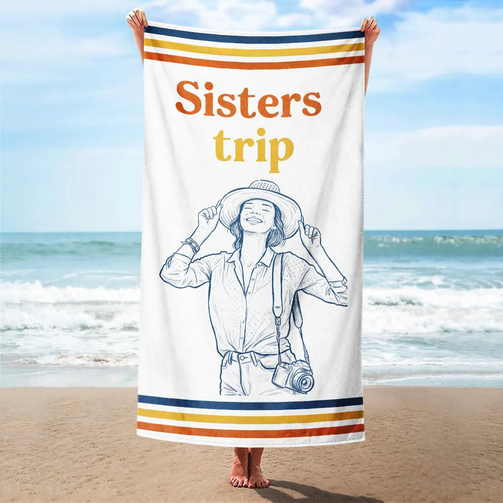 Art Design,Gift For Bestie,Playful,Beach,Summer,Photo - Pencil Sketch - Remove BG - Custom Photo Pencil Sketch Besties Trip Retro - Personalized Beach Towel