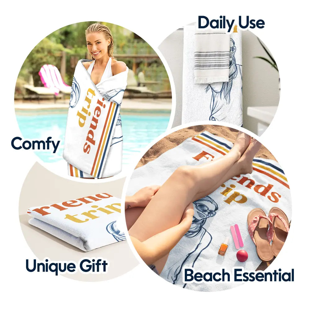 Art Design,Gift For Bestie,Playful,Beach,Summer,Photo - Pencil Sketch - Remove BG - Custom Photo Pencil Sketch Besties Trip Retro - Personalized Beach Towel