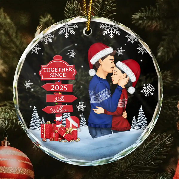 Christmas Couple Kissing Sign - Personalized Circle Glass Ornament
