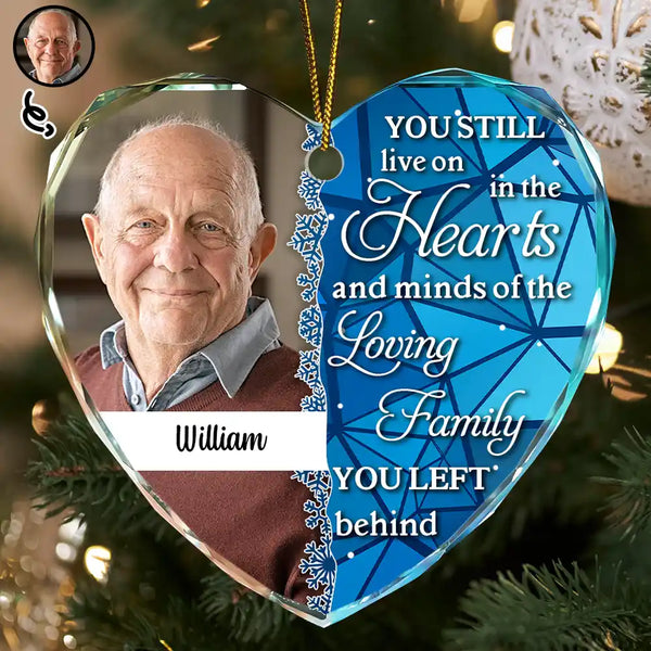Custom Photo Still Live On The Hearts Christmas - Personalized Heart Shaped Glass Ornament