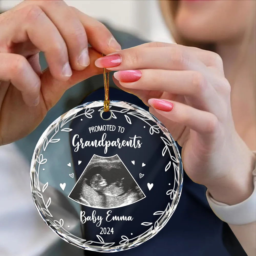 Custom Photo,New baby,New Dad,New Mom,Gift For Grandparents,Happy - Custom Photo Baby Announcement Promoted To - Personalized Circle Glass Ornament