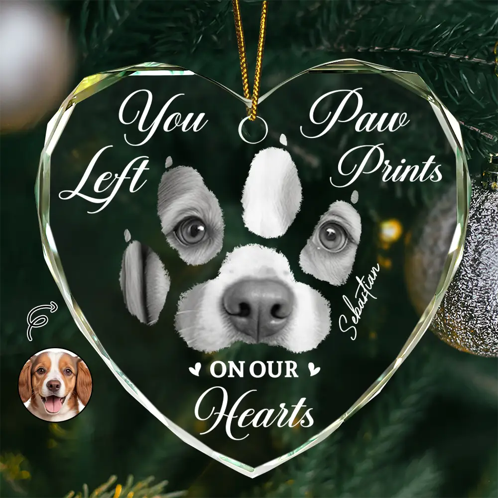 Custom Photo,Dog Lovers,Memorial,Pet Lovers,Dog Mom,Cat Lovers,Cat Mom,Pet Mom,Pet Couple,Dog Couple,Cat Couple,Dog Dad,Cat Dad,Pet Dad,Sad,Christmas - Custom Photo Paw Prints On My Heart - Personalized Heart Shaped Glass Ornament