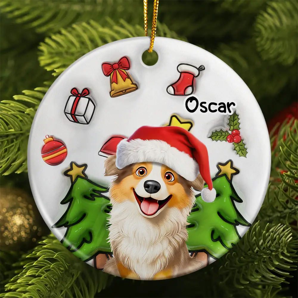 Top Market,Dog Lovers,Dog Mom,Dog Dad,Dog Couple,Christmas,Gift For Women,Gift For Men,Happy - Happy Pawlidays Christmas Dog - 3D Inflated Effect Printed Ornament, Personalized Circle Ceramic Ornament