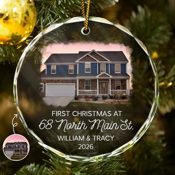 Custom Photo First Christmas At New Home Couple Family - Personalized Circle Glass Ornament