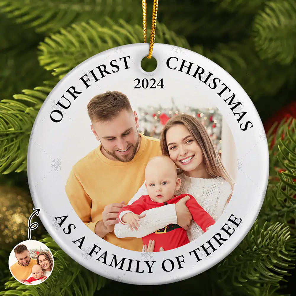 Family - Custom Photo First Christmas As A Family Of Three New Parents - Personalized Circle Ceramic Ornament