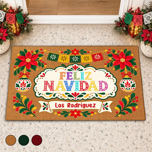 Christmas,Custom Text,Family,Happy - Regalo De Navidad Para Familia Latina - Personalized Feliz Navidad Doormat