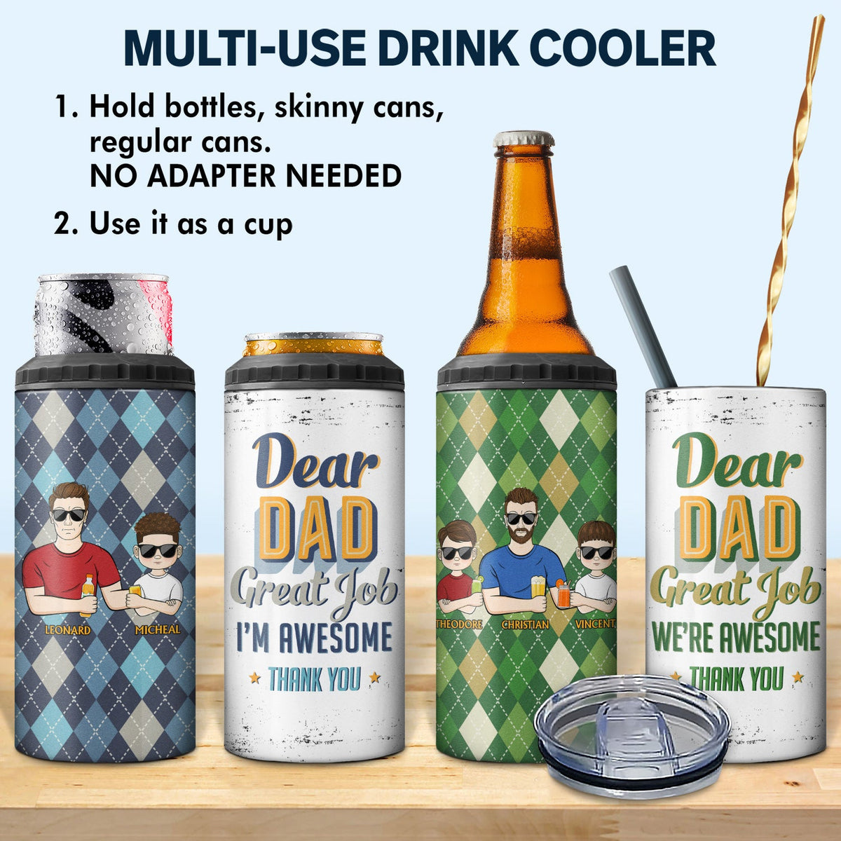 Dear Dad Great Job We're Awesome Thank You Young Argyle Pattern - Birthday, Loving Gift For Father, Grandpa, Grandfather - Personalized Custom 4 In 1 Can Cooler Tumbler