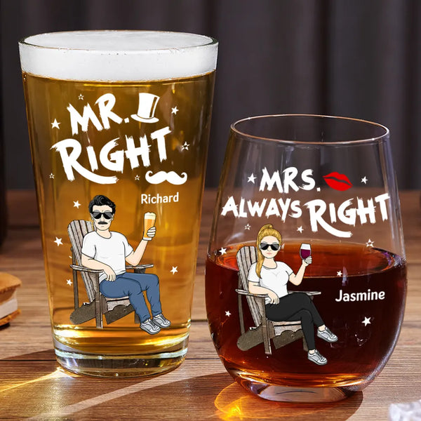 Gift For Couples,Gift For Mother,Gift For Father,Happy - Couple Mr Right Mrs Always Right - Personalized Combo Wine & Beer Glass