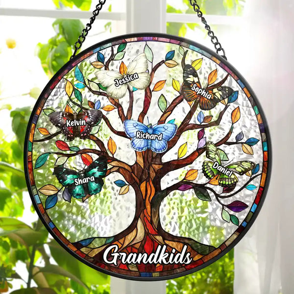 Gift For Grandma, Gift For Mother -
Butterfly Grandkids Tree - Personalized Stained Glass Window Hanging Suncatcher