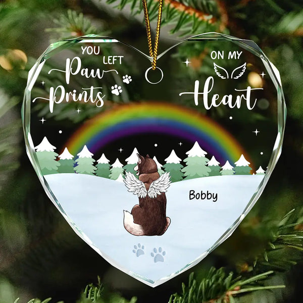 Dog Lovers, Pet Lovers, Cat Lovers, Memorial - Paw Prints On My Heart - Personalized Heart Shaped Glass Ornament
