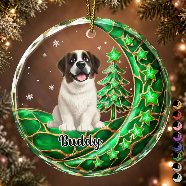 Christmas, Memorial, Pet Lovers, Pet Memorial, Sympathetic, Top Market, Vector - Pet Memorial Christmas Gift - Personalized Dog Cat Sitting On The Moon Circle Glass Ornament