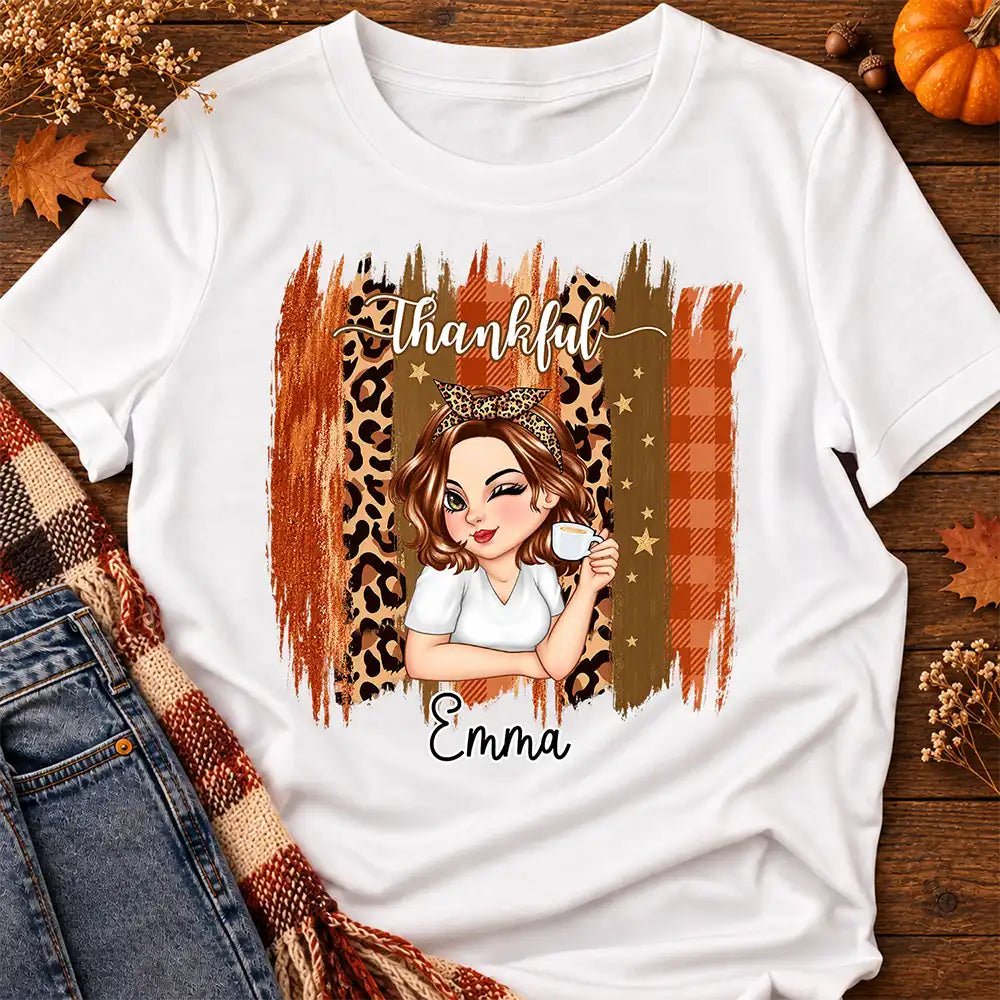 Gift For Women,Gift For Yourself,Gifts For Her,Happy,Thanksgiving,Vector - Thanksgiving Gift For Women - Personalized Thankful Leopard Plaid Brush T Shirt