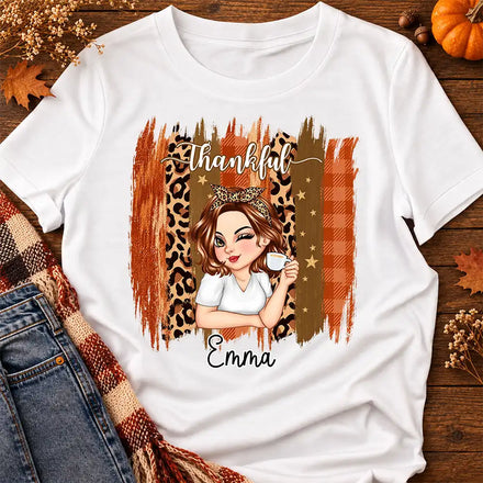 Thanksgiving Gift For Women - Personalized Thankful Leopard Plaid Brush T Shirt