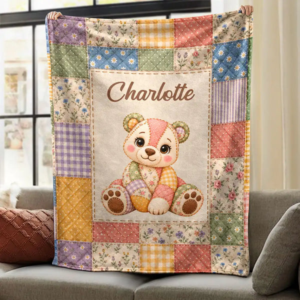 Adorable,Gift For Kids,Icon - Gift For Kids - Personalized Patchwork Animal And Name Vintage Quilt Print Fleece Blanket, Sherpa Blanket