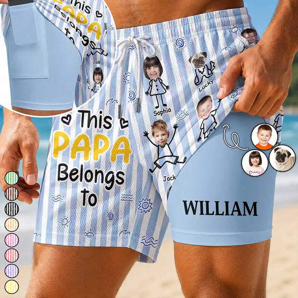 Adorable,Gift For Father,Beach,Custom Photo,Summer,Cut-Face Photo,Icon - Custom Photo This Dad Grandpa Belongs To Kids And Pets - Personalized Swim Trunks With Liner