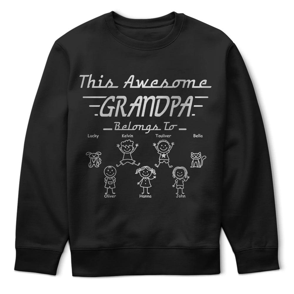 Gift For Grandpa,Gift For Father,Non-Eng,Icon,Proud - This Grandpa Dad Belongs To Kids Pet Stick Figures - Personalized T Shirt