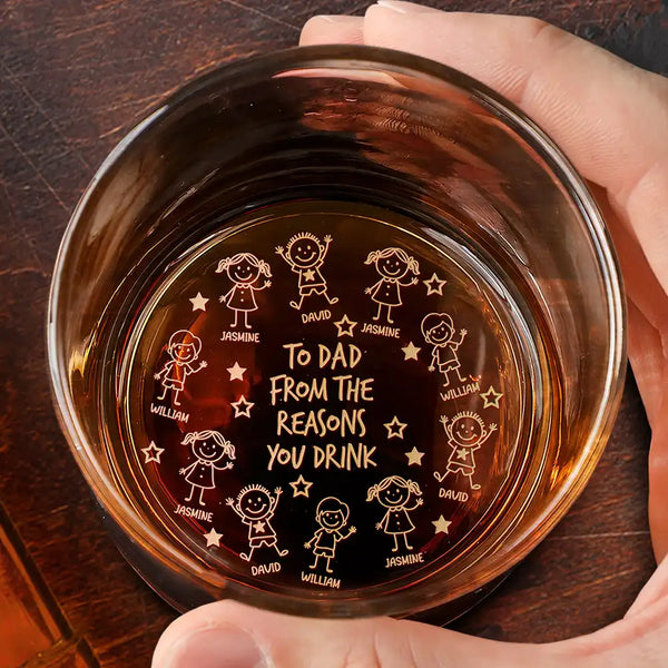 Gift For Father, Gift For Grandpa, Happy - To Dad From The Reasons You Drink Stick Figures - Personalized Engraved Whiskey Glass