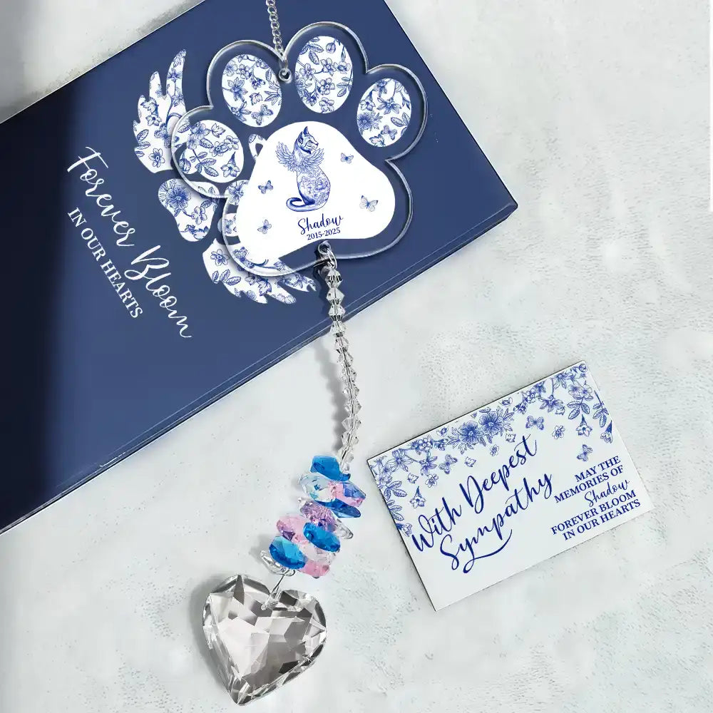 Cat Lovers,Cat Mom,Cat Dad,Pet Lovers,Pet Mom,Pet Dad,Memorial,Sad - Toile De Jouy Cat Forever Bloom - Personalized Heart Crystal Suncatcher