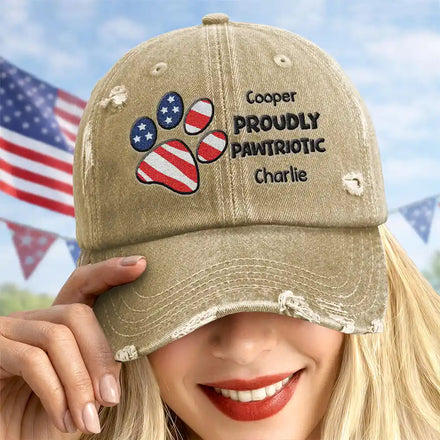 America Proudly Pawtriotic Custom Pet Name - Personalized Embroidered Distressed Cap