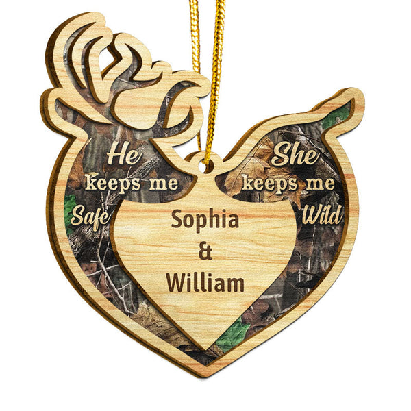 Deer Couple He Keeps Me Safe - Christmas Gift For Couple - Personalized Custom 2 Layered Wooden Ornament