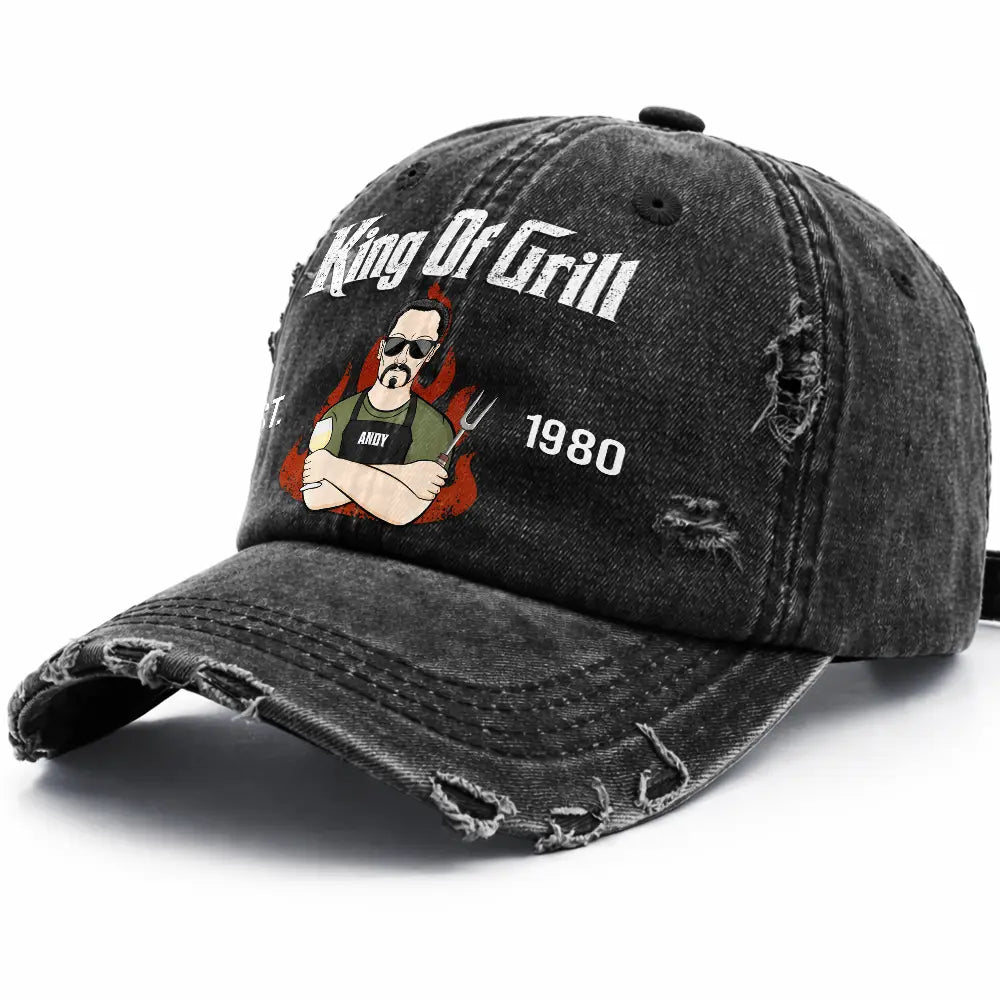 Happy,Gift For Father,Gift For Grandpa,Gift For Men,Grilling,Grandpa's Hobby,Dad's Hobby,Non-Eng,Vector,Humorous - Vintage BBQ The Grill Father - Personalized Distressed Cap
