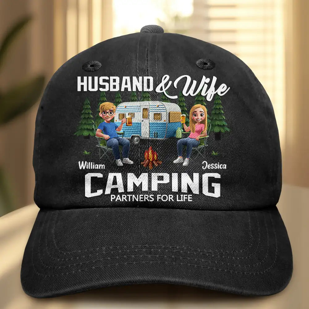 Camping, Campsite, Gift For Couples, Happy, Gift For Husband, Gift For Girlfriend, Gift For Boyfriend, Gift For Wife - Warning Camping Again - Personalized Vintage Washed Denim Cap