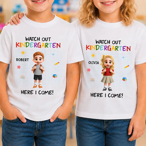 Adorable,Back To School,Gift For Kids,Vector - Watch Out Kindergarten Kid With Backpack - Personalized T Shirt