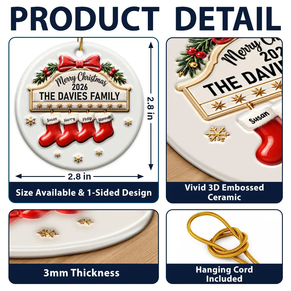 Christmas,Family,Happy,Icon - Christmas Gift For Family - Personalized Christmas Stocking 3D Embossed Circle Ceramic Ornament