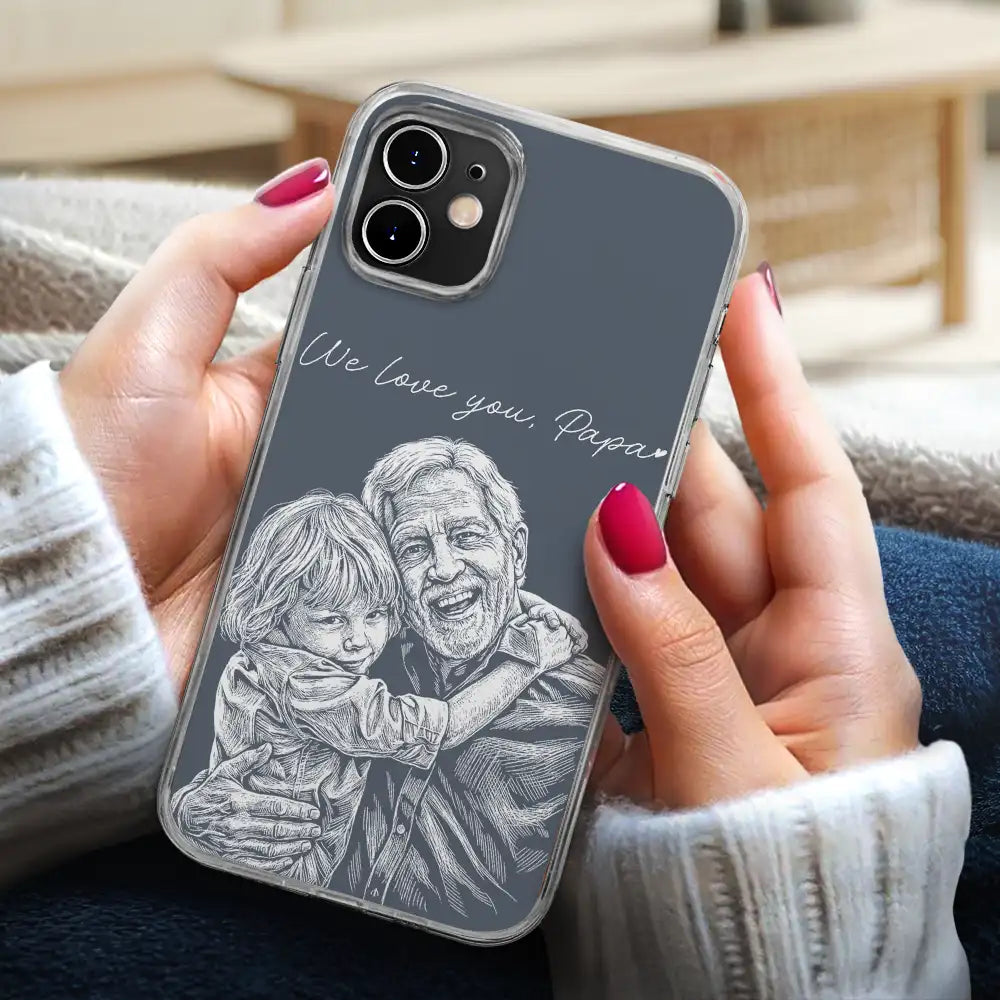 Gift For Father,Gift For Grandpa,Non-Eng,Photo - Pencil Sketch (Bold),Proud - Custom Photo Bold Sketch Best Dad Grandpa Ever Family Portrait - Personalized Clear Phone Case