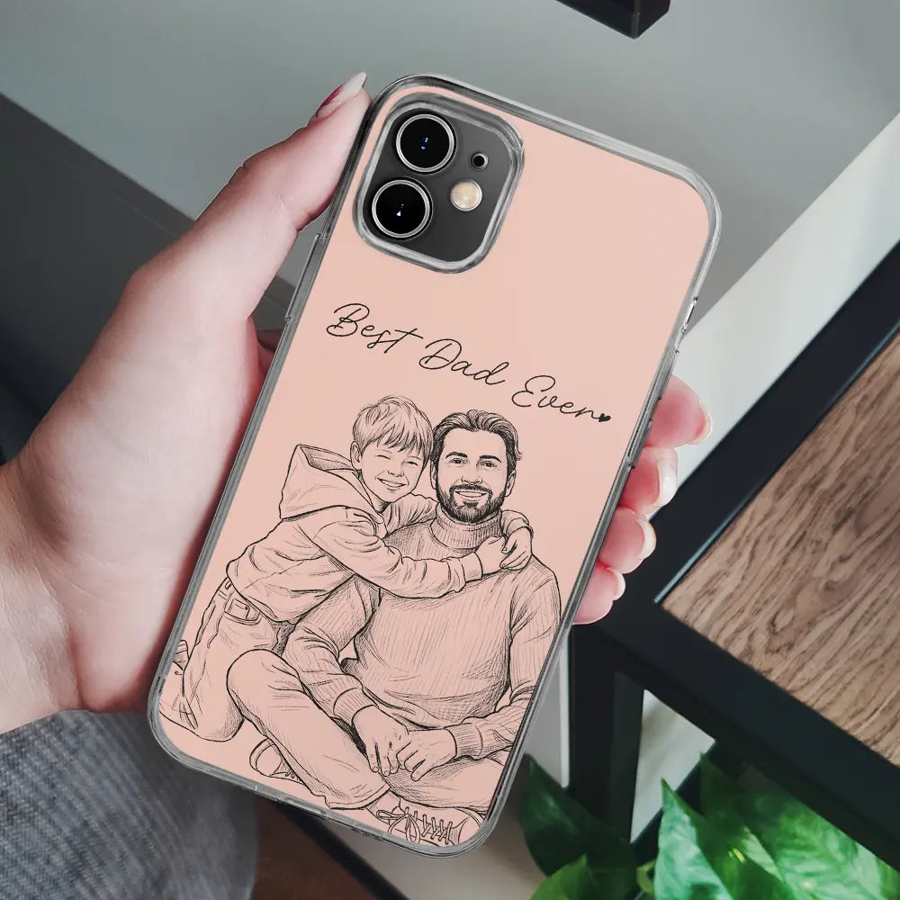 Gift For Father,Gift For Grandpa,Non-Eng,Photo - Pencil Sketch (Bold),Proud - Custom Photo Bold Sketch Best Dad Grandpa Ever Family Portrait - Personalized Clear Phone Case