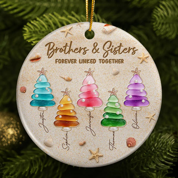 Sentimental,Christmas,Gift For Sibling,Family,Icon - Christmas Gift For Siblings - Personalized Sea Glass Pine Trees Brothers & Sisters Forever Linked Together Circle Ceramic Ornament