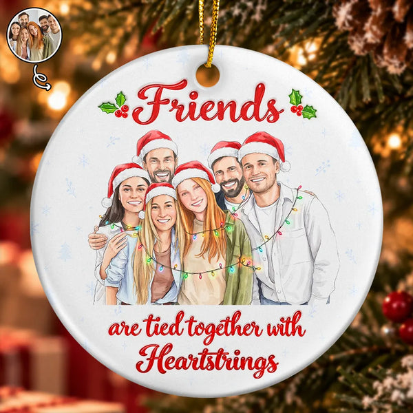 Afro Besties,Art Design,Christmas,Custom Photo,Gift For Bestie,Photo - Portrait With Santa Hat & Christmas Lights,Sentimental,Top Market - Christmas Gift For Best Friends - Personalized Custom Photo Watercolor Friends Are Tied Together With Heartstrings Circle Ceramic Ornament