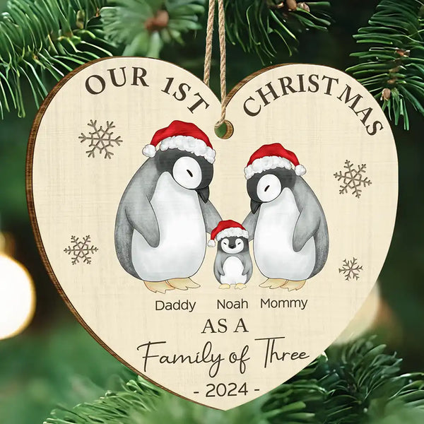 Family, Parents - First Christmas As A Family Of Three Penguin - Personalized Custom Shaped Wooden Ornament