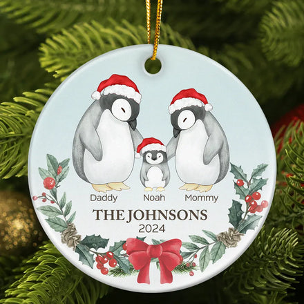 Family Penguin Christmas - Personalized Circle Ceramic Ornament