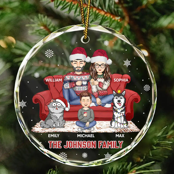 Christmas, Gift For Couples - Cartoon Couple With Kids And Pets - Personalized Circle Glass Ornament
