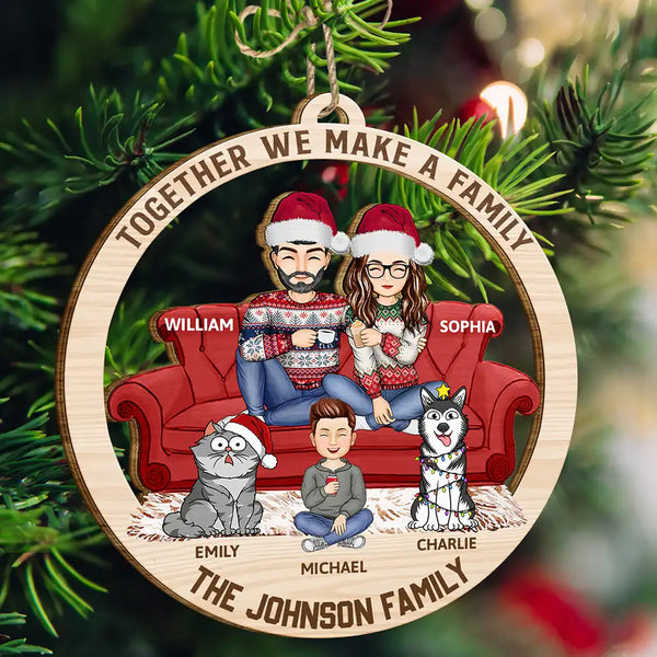 Gift For Couples, Happy, Family, Pet Lovers - Cartoon Couple With Kids And Pets - Personalized Wooden Cutout Ornament