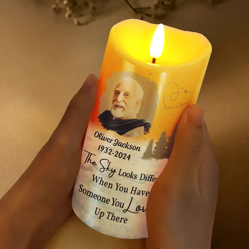 Family, Parents, Gift For Grandparents, Gift For Sibling, Memorial - Custom Photo The Sky Looks Different Memorial Family - Personalized Flameless LED Candle