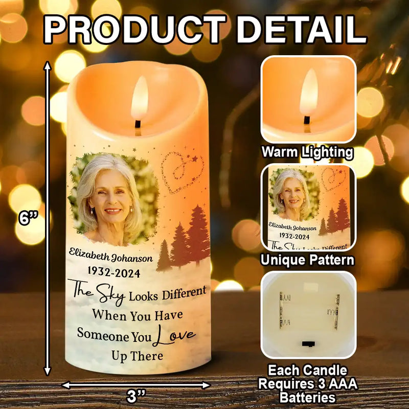 Family, Parents, Gift For Grandparents, Gift For Sibling, Memorial - Custom Photo The Sky Looks Different Memorial Family - Personalized Flameless LED Candle