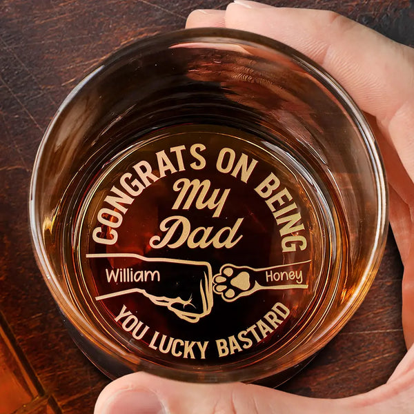 Cat Dad, Gift For Husband, Cat Lovers - Congrats On Being My Dad You Lucky Man Cat Father - Personalized Engraved Whiskey Glass