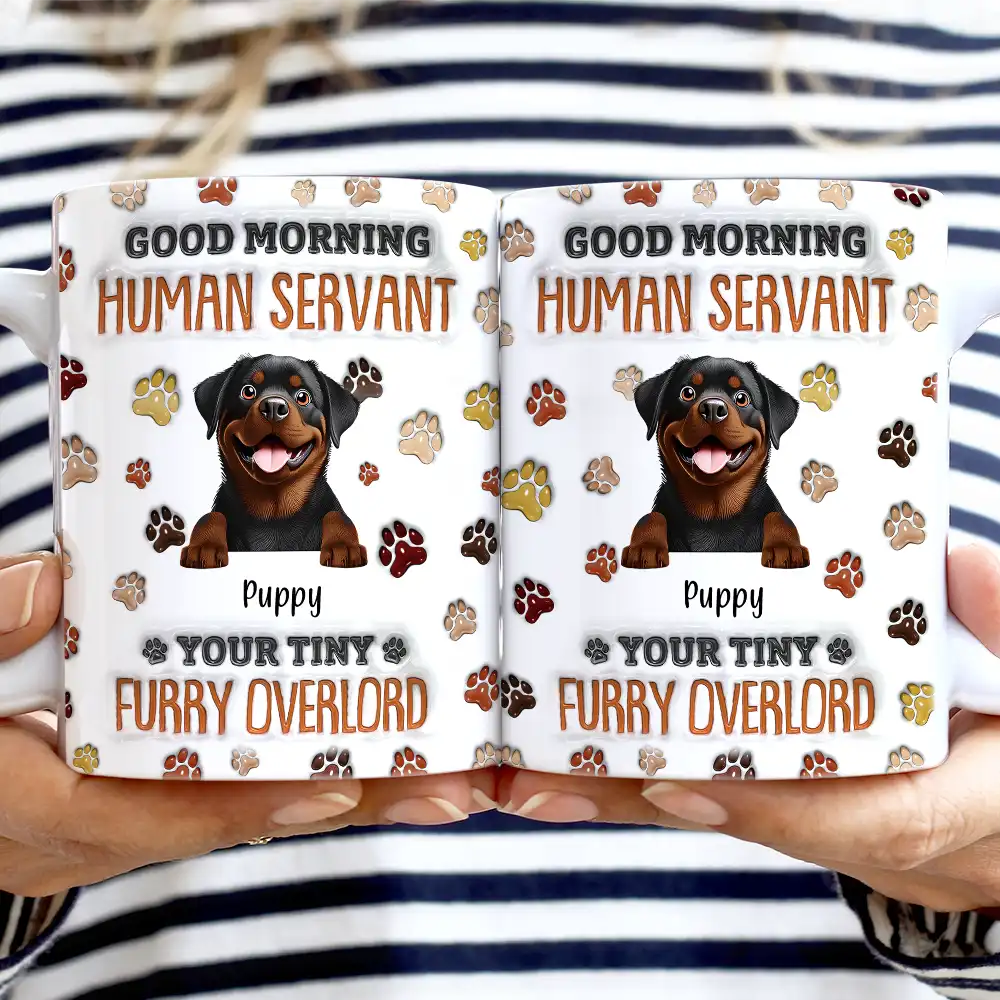 Cat Lovers,Pet Lovers,Cat Dad,Funny,Dog Lovers - Good Morning Human Servant Funny Cat - 3D Inflated Effect Printed Mug, Personalized White Edge-to-Edge Mug