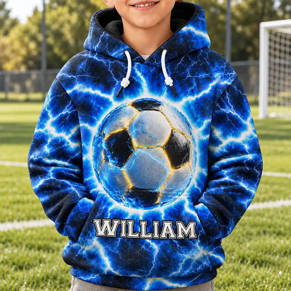 Football (Soccer),Gift For Kids,Happy,Icon,Top Market - Youth Athlete Gift For Boys - Personalized Fire And Lightning Sports Ball Fleece Hoodie
