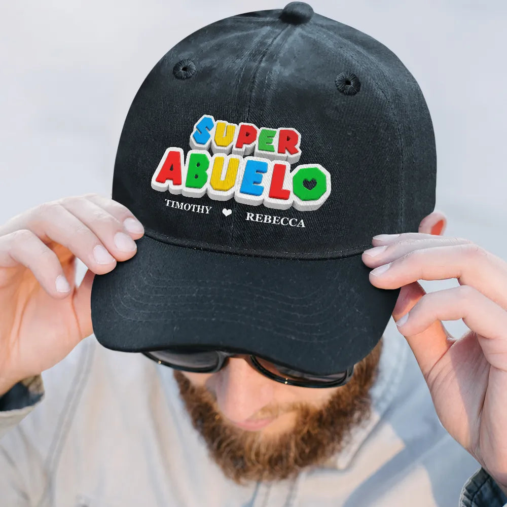 Gift For Father,Non-Eng,Custom Text,Adorable - Super Dad Papa Arcade Retro 3D Effect Custom Kid Names - Personalized Vintage Washed Denim Cap