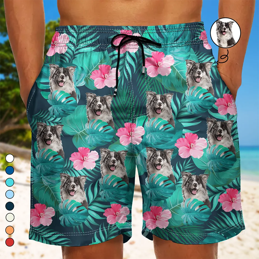 Custom Photo Tropical Leaves Funny Family Pet Face - Personalized Unisex Beach Shorts