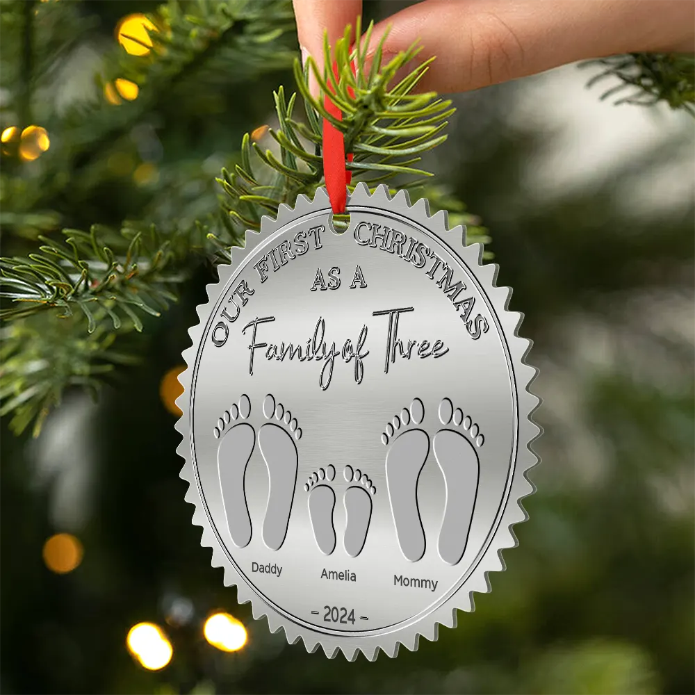 Family,Parents,Happy - First Christmas As A Family Of Four Footprints - Personalized Metal Ornament