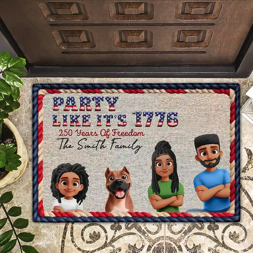 America 250th,Independence Day,Happy,Parents,Family,Dog Lovers,Pet Lovers,Cat Lovers - 250 Years Of Freedom Family Dog Cat - Personalized Doormat