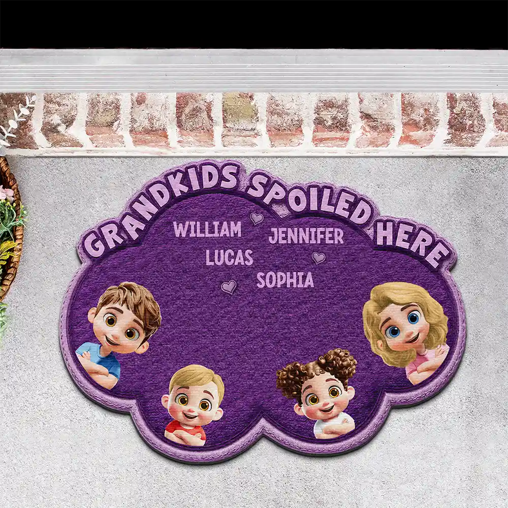 Gift For Grandma,Gift For Grandpa,Grandpa - Grandkids,Grandma - Grandkids,Gift For Women,Gift For Men,Happy,Top Market - Faux Embroidery Effect Grandkids Spoiled Here - Personalized Custom Shaped Doormat