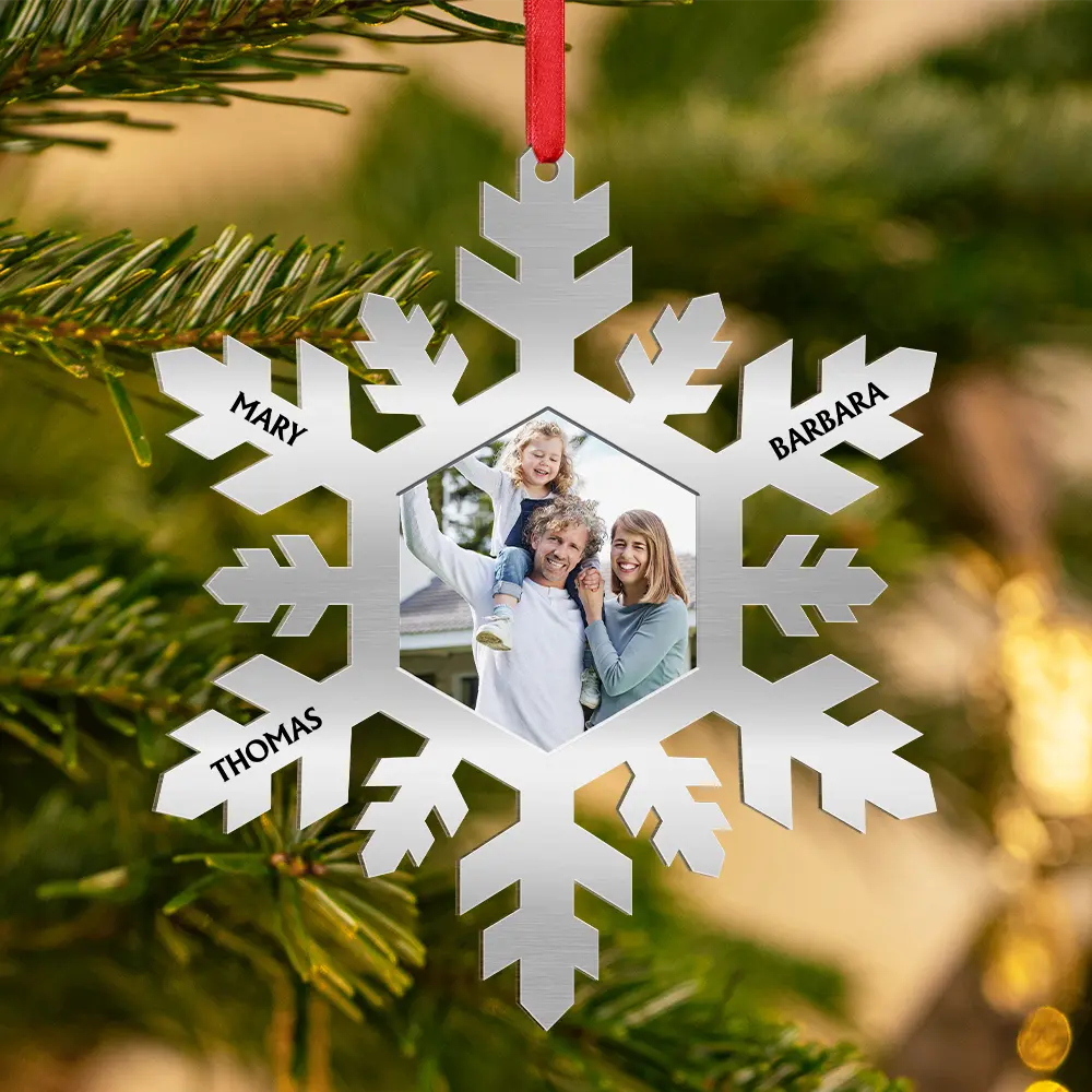 Family, Custom Photo, Christmas, Happy - Custom Photo Snowflake For Family, Bestie, Pet Lover - Personalized Metal Ornament