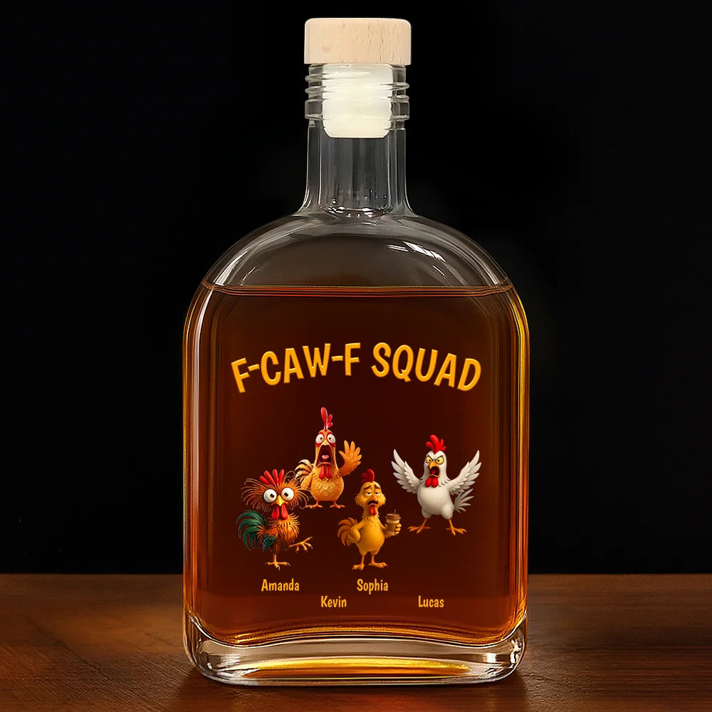 3D Effect Funny Chickens F-CAW-F Squad - Personalized Whiskey Bottle