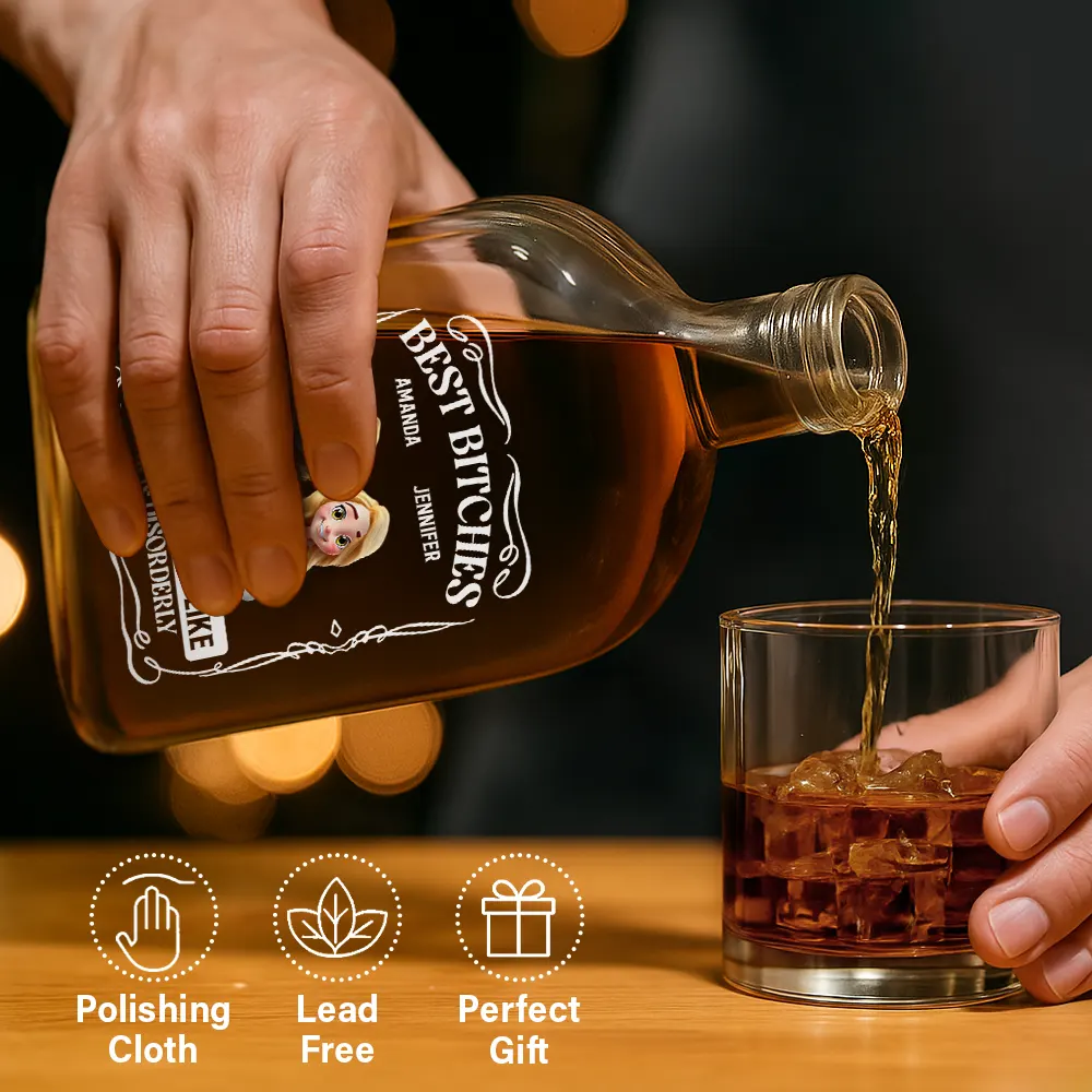 Gift For Bestie, Gift For Sisters, Funny, Gift For Women - 3D Effecct Sitting Besties We Go Together - Personalized Whiskey Bottle