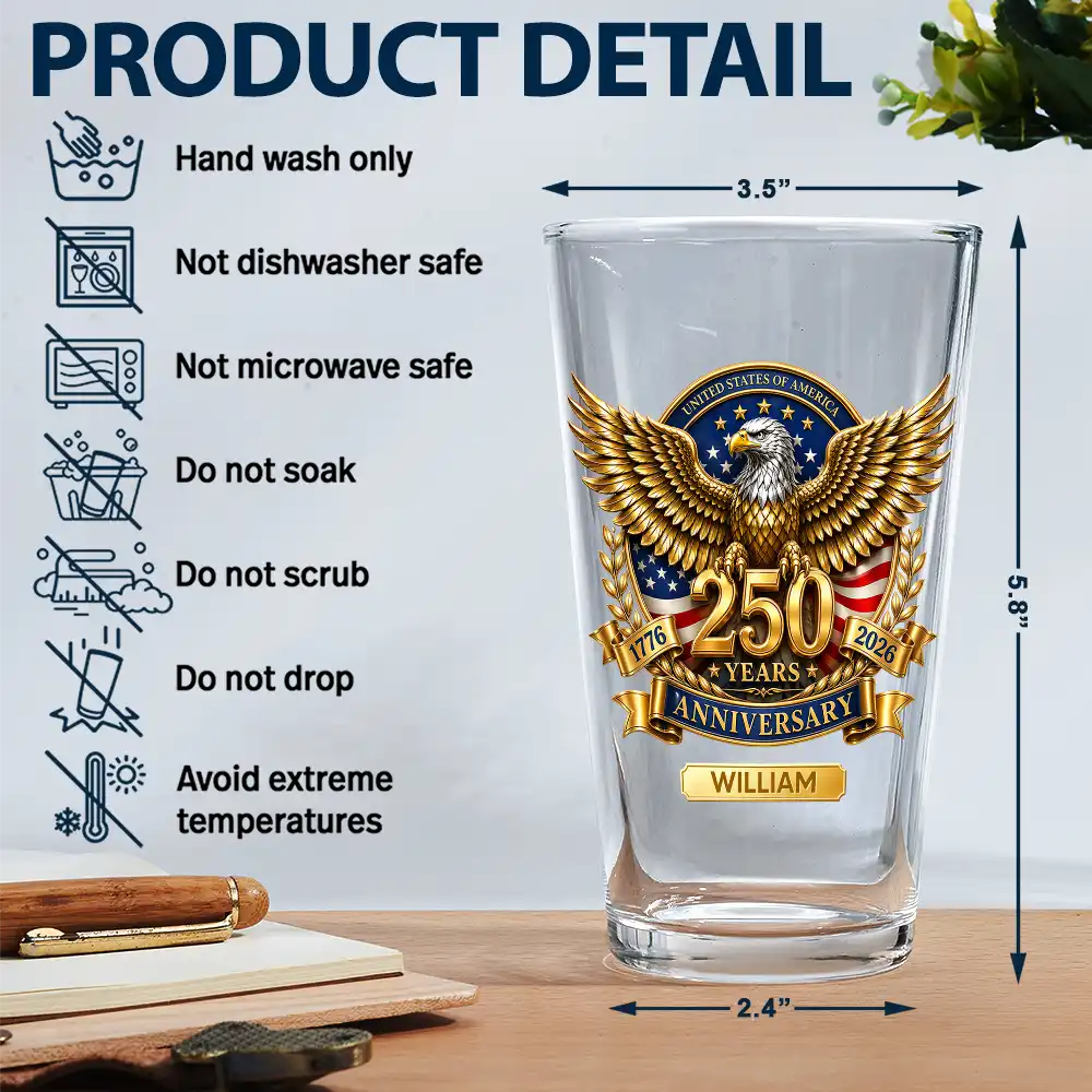 America 250th, Independence Day, Family, Proud, Icon - 3D Effect 250 Years Of Freedom - Personalized Beer Glass